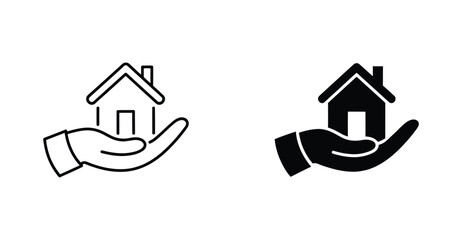 Black and white icons of hands holding houses, symbolizing home care, property support, real estate protection, and housing assistance