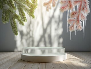 Elegant product display stand with circular glass shelf, wooden flooring, pine branches, wintery vibe,