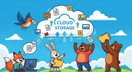 Fototapeta premium Cute cartoon animals using cloud storage for data, representing digital file management and online backup solutions