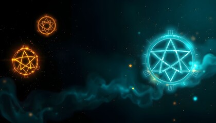 Glowing cyan and orange arcane sigils and magic circles float in a dark, mystical cosmic nebula.