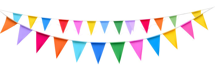 Colorful party bunting flags, festive decorative hanging triangular garland. Isolated on transparent background.

