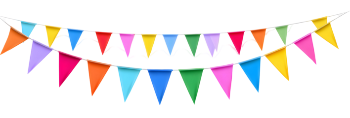 Colorful party bunting flags, festive decorative hanging triangular garland. Isolated on transparent background.

