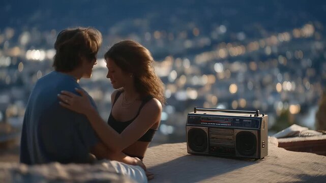 A couple their faces pressed close dances on a rooftop their feet gliding on smooth concrete. A portable speaker its plastic scuffed hums with music its buttons clicking. A