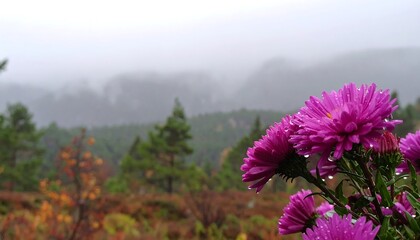 Vibrant magenta asters with water droplets, set against a misty forest backdrop