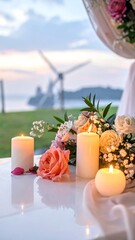 Romantic candlelit floral arrangement by the water