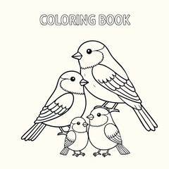 Fototapeta premium A delightful collection of four charming birds designed for a creative coloring experience and artistic enjoyment.