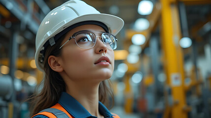 Close-up of Focused Female Engineer in Hard Hat and Safety Glasses Looking Up in Modern Industrial Manufacturing Plant for STEM Ad