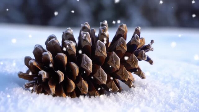 A close-up of a natural pinecone covered in fresh white snow, with soft, falling snowflakes in the background.