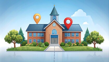 Cartoon school building with location pins against a clear, blue sky background