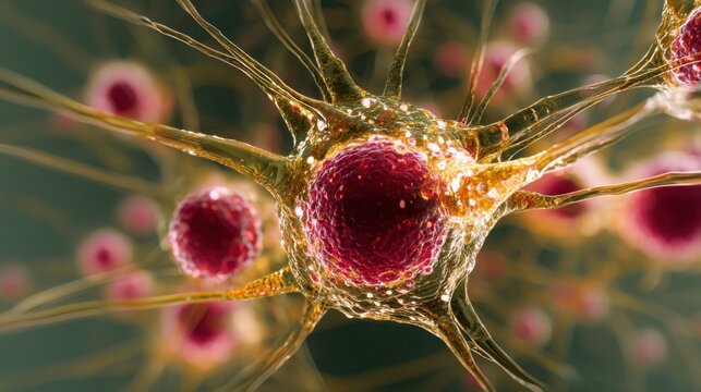 Microscopic view of a virusosome with intricate surface pattern, raised capsomeres, dark purple genetic core,
