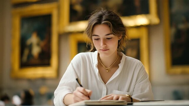 A student takes notes in front of a Renaissance painting with a notebook open a pen scribbling a velvet rope barring access and ornate frames glowing captured in a studious