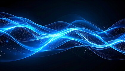 Abstract wavy lines, in shades of blue, with glowing highlights & particle effects against a dark blue background