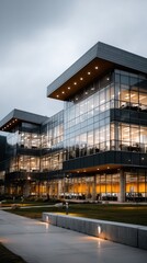 Fototapeta premium Office building illuminated at dusk with bright warm lights shining through large windows creating a cozy atmosphere in a modern urban environment