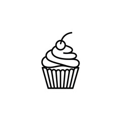 Simple black and white line drawing of a cupcake with cherry