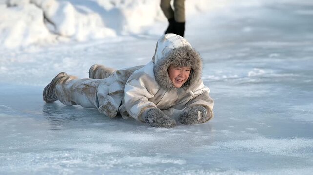 An Inuit child their mittens thick slides on a frozen pond their boots scraping ice. A wooden sled its runners scuffed lies nearby. A fur lined parka its seams sturdy wraps