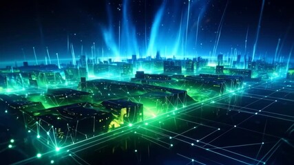 Futuristic cybernetic city, network connections and digital data streams in bright neon colors - Powered by Adobe
