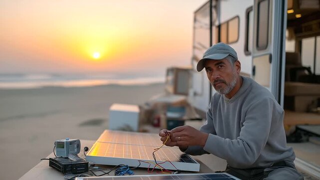 An RV traveler repairs a solar panel at a desert camp with tools clanking wires connecting a meter beeping and a sunset glowing presented in a technical photo with panel shine