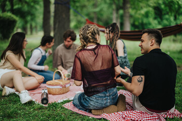 A group of friends sits outdoors on a picnic blanket, enjoying conversation and food in a lush green park. The setting is social and lively, evocative of camaraderie and outdoor fun.