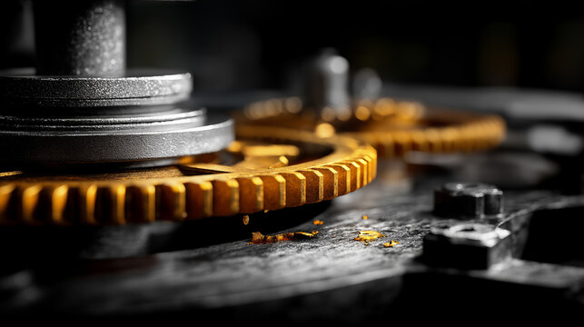 A gear clock mechanism operates with precision hyper realistic gear details with vivid textures moody shadows on the mechanism bright saturation in metallic components gear - Powered by Adobe