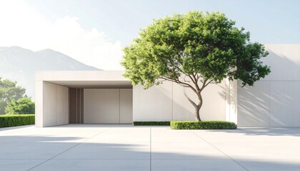 Modern minimalist home with a tree, mountain backdrop, bright sun casting shadows