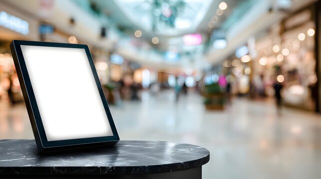 A digital display rests on a marble surface in a blurred shopping mall environment