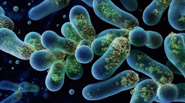 Microscopic view of eukaryotic and prokaryotic cells showcasing rod-shaped structures with adhered particles,