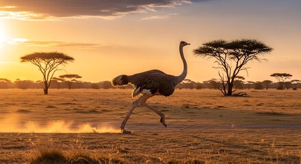 Ostrich Running Sunset.