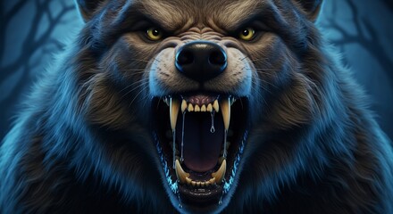 Roaring ferocious werewolf with sharp teeth and yellow eyes against a dark blurred forest background