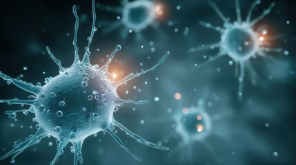 A computer-generated representation of spherical virus particles with protruding spikes, detailed surface proteins,