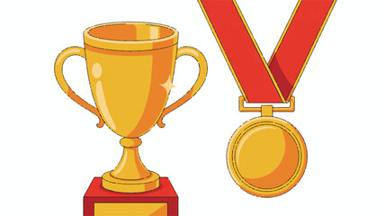 A simple cartoon illustration of a golden trophy cup and medal on a white background. 