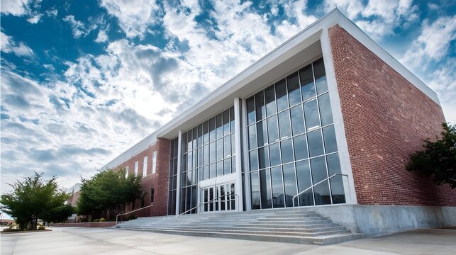 A modern brick and glass building with a grand entrance under a cloudy blue sky - Powered by Adobe