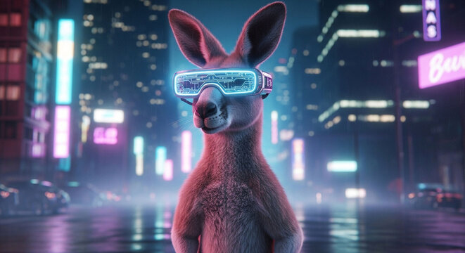 Kangaroo vr futuristic metaverse neon city cyber australia gaming animal digital art render concept