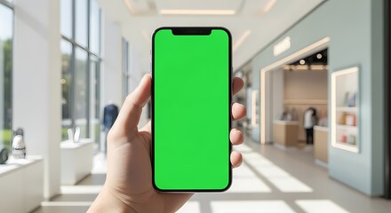 A hand holds a smartphone with a green screen in a brightly lit retail store.
