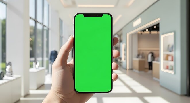 A hand holds a smartphone with a green screen in a brightly lit retail store.