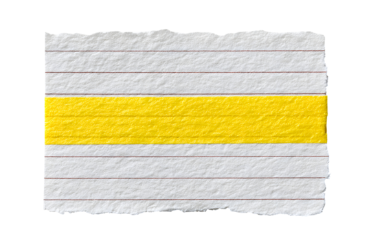Torn yellow ruled note paper, textured handmade classic stationary strip illustration. Isolated on transparent background.

