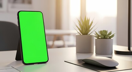 Smartphone with green screen on a modern office desk with plants and mouse.