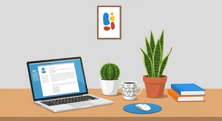 Fototapeta premium A modern home office desk with a laptop displaying emails, a mouse, a cactus, a snake plant, a coffee mug, and books, suggesting productivity and a comfortable workspace
