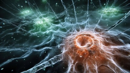 Abstract illustration showcasing a scientifically detailed micro view of viruses,