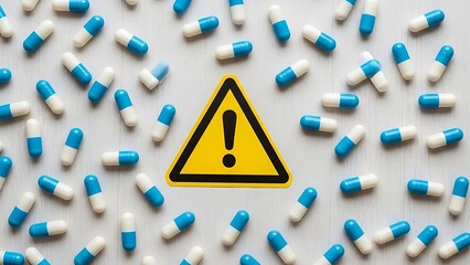 Warning Sign Surrounded by Pills A Cautionary Concept of Healthcare and Medicine