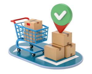 Blue shopping cart with cardboard boxes and green checkmark location pin trolley