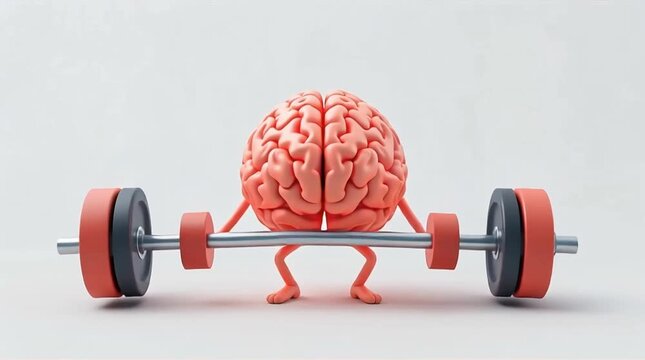 Cartoon Brain Lifting Weights in Gym, Symbolizing Mental Strength and Fitness, Creative Concept of Brain Training and Development