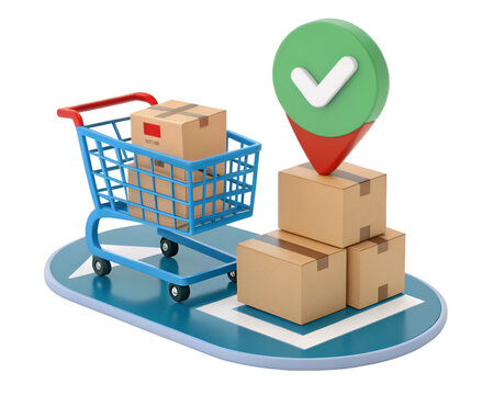 Blue shopping cart with cardboard boxes and green checkmark location pin trolley