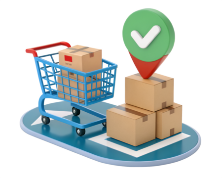 Blue shopping cart with cardboard boxes and green checkmark location pin trolley