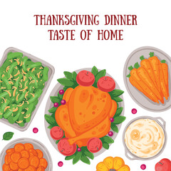 Thanksgiving day, family dinner. Hand drawn flat style. Top view vector illustration. Festive dinner with turkey and potato, apple pie, vegetables, fruits. Autumn food