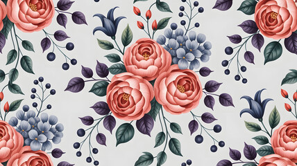 Naklejka premium Seamless floral pattern with delicate pink roses, blue hydrangeas, and dark berries on a light background. 