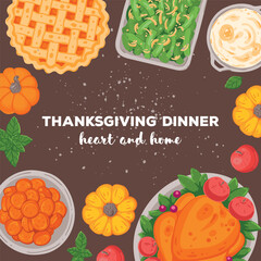 Thanksgiving day, family dinner. Hand drawn flat style. Top view vector illustration. Festive dinner with turkey and potato, apple pie, vegetables, fruits. Autumn food