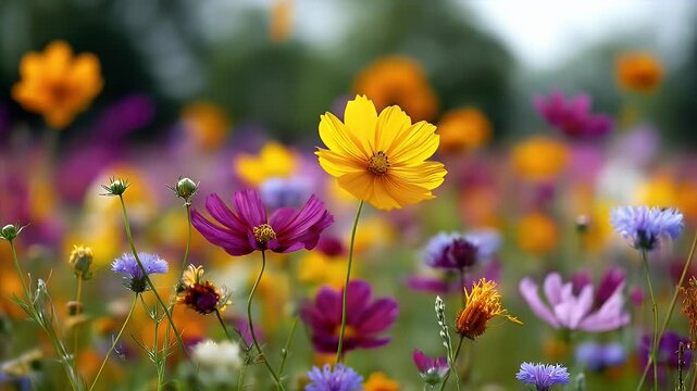 A vibrant meadow bursts with a profusion of colorful flowers, showcasing a spectrum of yellows, oranges, pinks, purples, and blues.