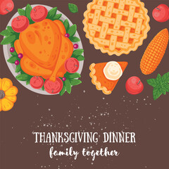 Thanksgiving day, family dinner. Hand drawn flat style. Top view vector illustration. Festive dinner with turkey and potato, apple pie, vegetables, fruits. Autumn food