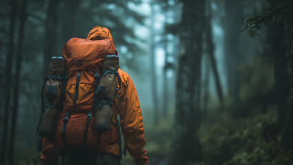 Obraz premium Solitary Hiker in a Vibrant Orange Jacket Treks Through a Moody, Rain-Soaked Forest.