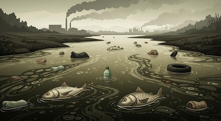 River pollution with dead fish.
